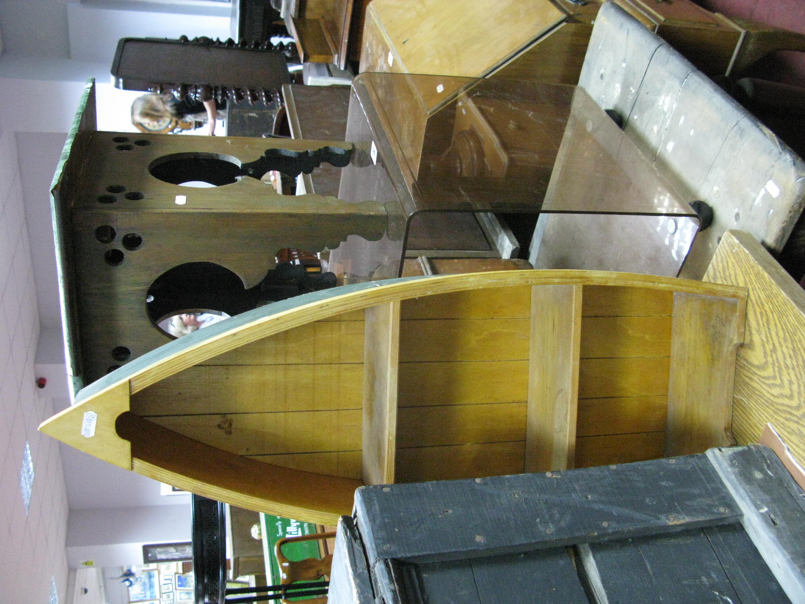 A 1970's Perspex Table, pine topped plant stand, book shelf as a canoe. (3)