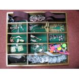 Assorted Costume Jewellery, including Art Deco waist buckle on fabric belt, earrings, brooches,