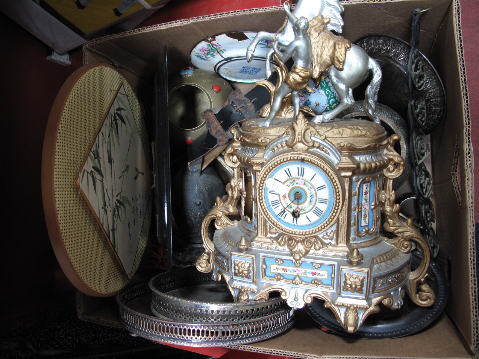 A XIX Century Painted Spelter Clock, with painted porcelain panels, metal ware, etc:- One Box