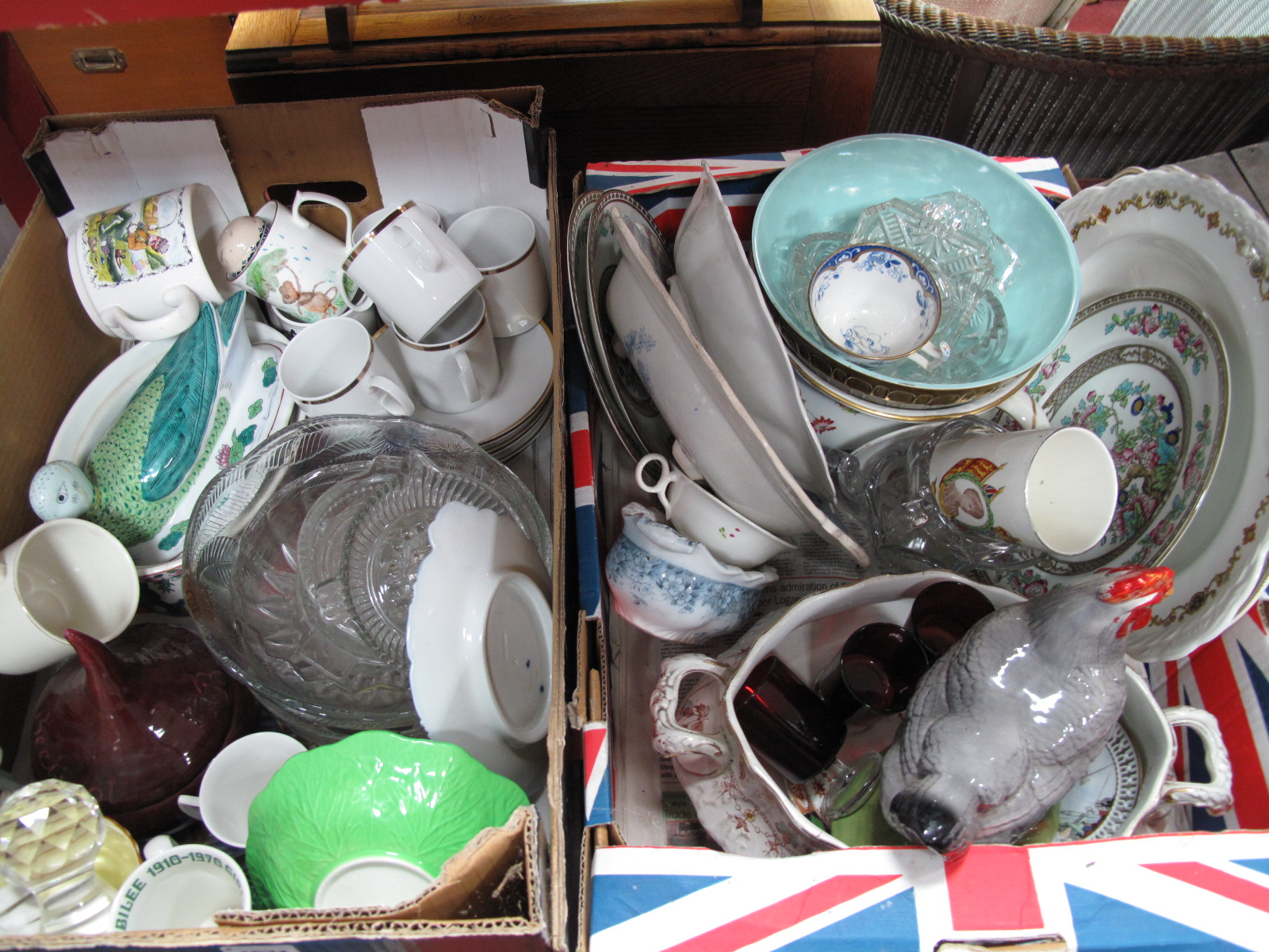 Pottery Hen on Nest, mugs, plates, James Kent minster bowl, glassware etc:- Two Boxes