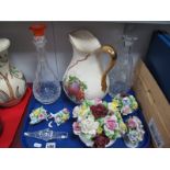 An Edinburgh Glass Decanter, one other, jug, floral posies:- One Tray