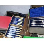 A Quantity of mainly cased cutlery including preserve set, mother of pearl steak handles:- Two