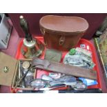 Brass School Bell, slide rules, Regent cased binoculars, etc:- One Tray