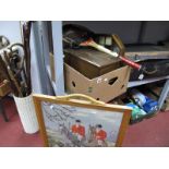 An Oak Box, vintage tennis racket, decoupage picture, thimbles, security tin, ink pen set:- (One