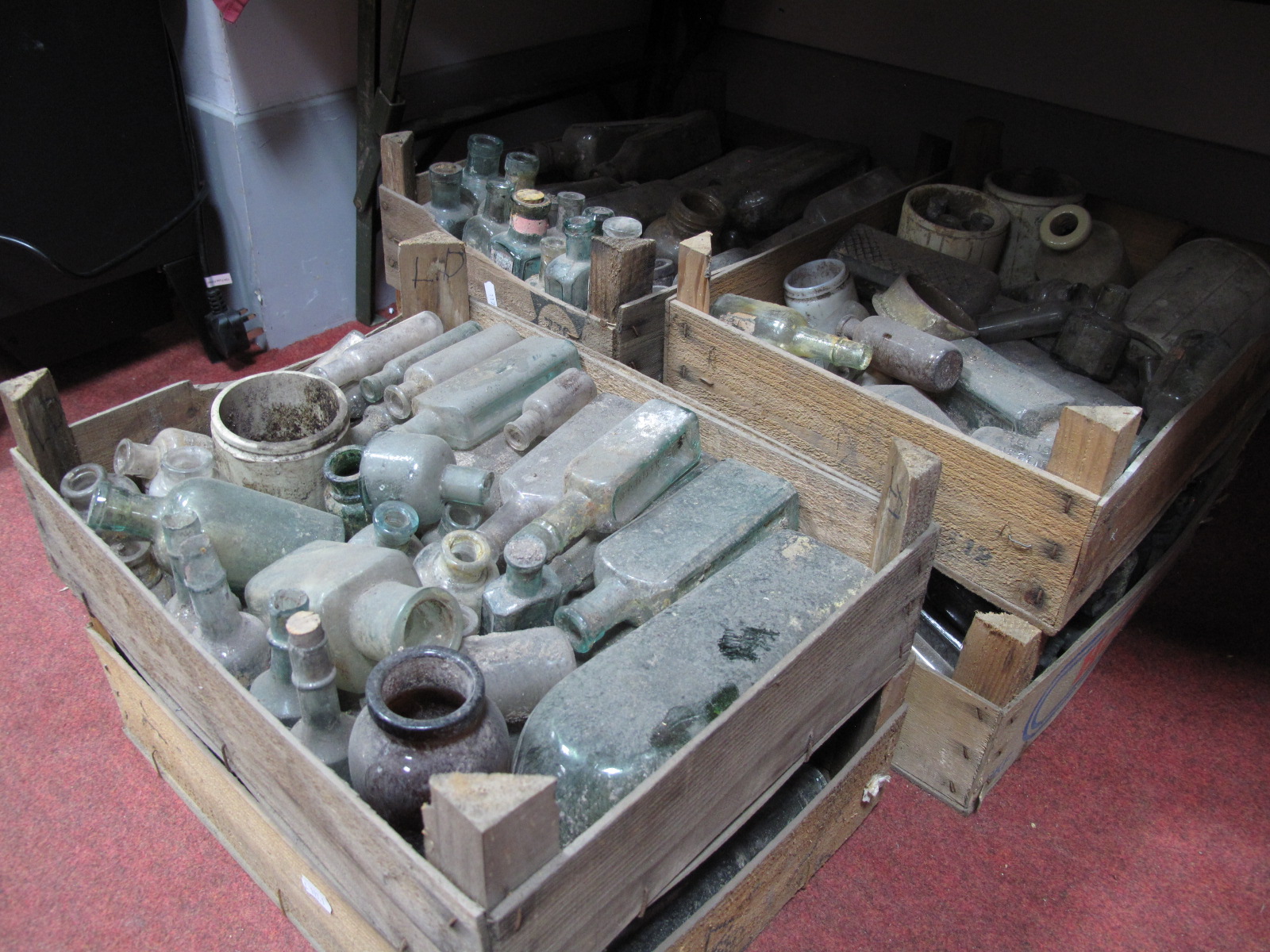 A Quantity of Victorian and Later Ink Bottles, medicine bottles, earthenware pots, etc:- Six Trays