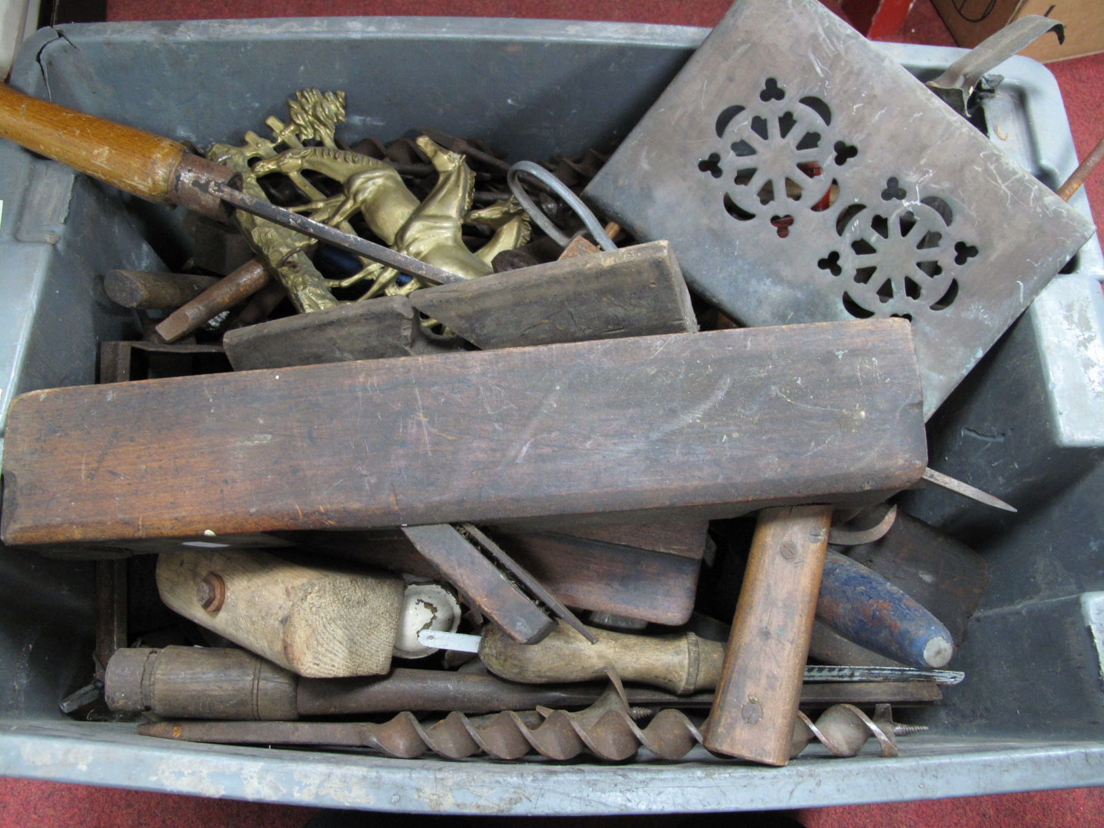 A Quantity of Woodworkers Tools, brass trivet, coat hook, etc:- One Box