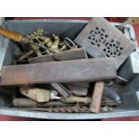 A Quantity of Woodworkers Tools, brass trivet, coat hook, etc:- One Box