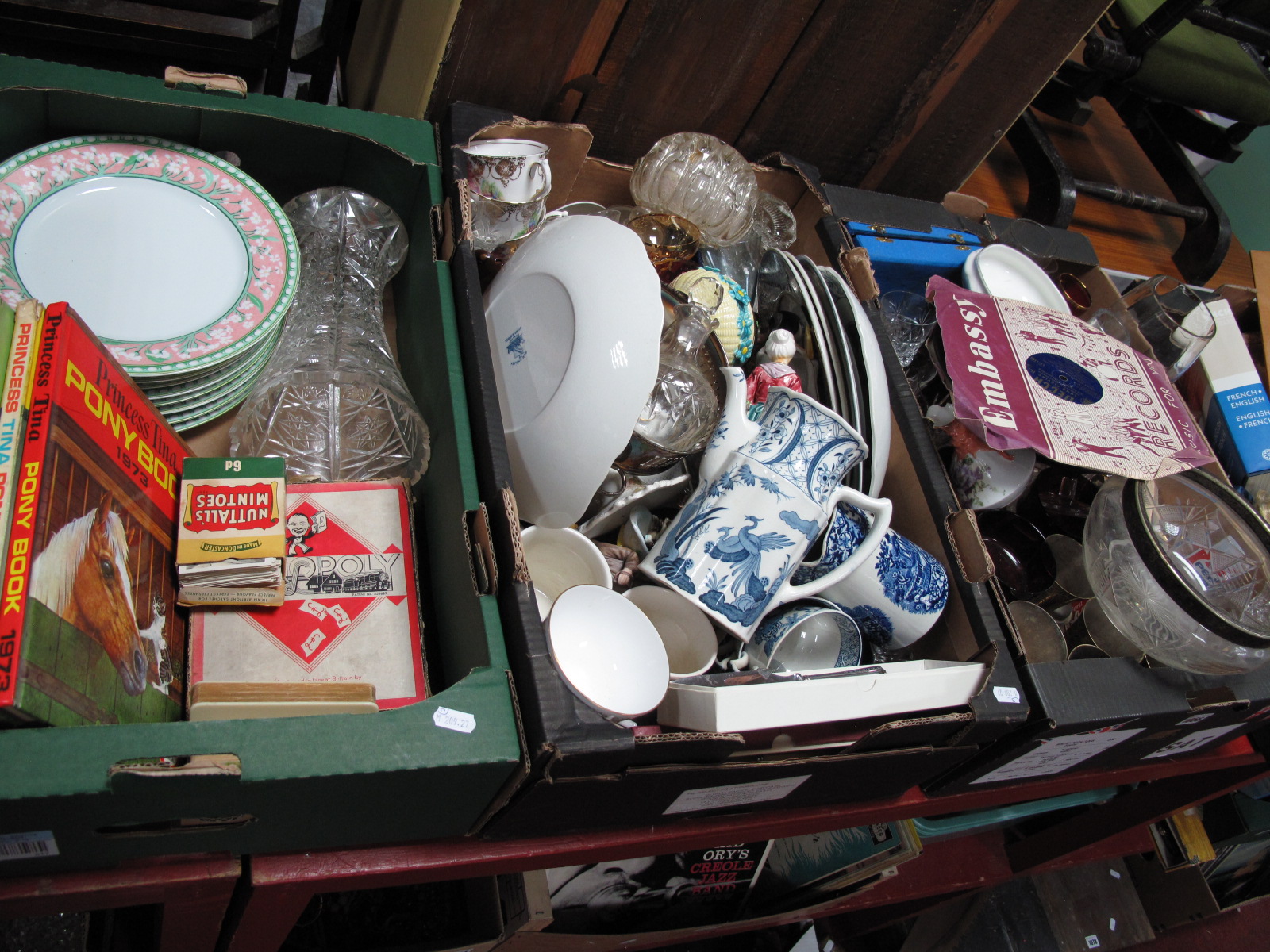 Blue and White Dishes, glassware, sundae dishes, books, etc:- Three Boxes