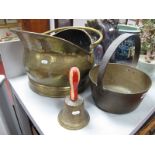 A Brass Coal Scuttle, XIX Century brass jam pan, brass bell. (3)