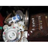 Teapots, plates, decanters, brass candlesticks, copper kettle, commemorative ware etc:- One Box plus