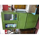 A Green Painted Kitchen Cabinet, circa mid XX Century with glazed doors, fall front over twin doors,