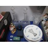 A Pair of Bulbous Glass Decanters, waisted vase, Mdina spill vase, Denby Dale plates etc:- One Tray