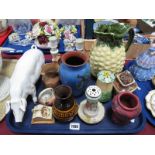 A Pottery Pig, Winton candlesticks, Brodsworth School vase, Japanese caster, etc:- One Tray