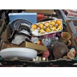 A Lurpak Toast Rack, Wedgwood plate, tie press etc, pewter tankard, reels etc:- Two Boxes