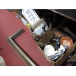 Binoculars, plated ware, signs, ceiling lights, etc:- Two Boxes plus a copper and brass fender.