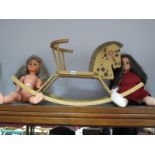 Two French Bella Dolls, circa 1960's, 60cm high, both playworn. A toddlers wooden rocking horse. (