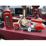 A Tinplate Model Vespa Scooter, and telephone box. (2)