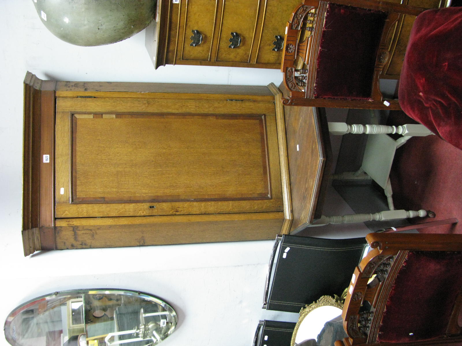 A Georgian Mahogany and Oak Corner Wall Cupboard, with stepped pediment, single door and three