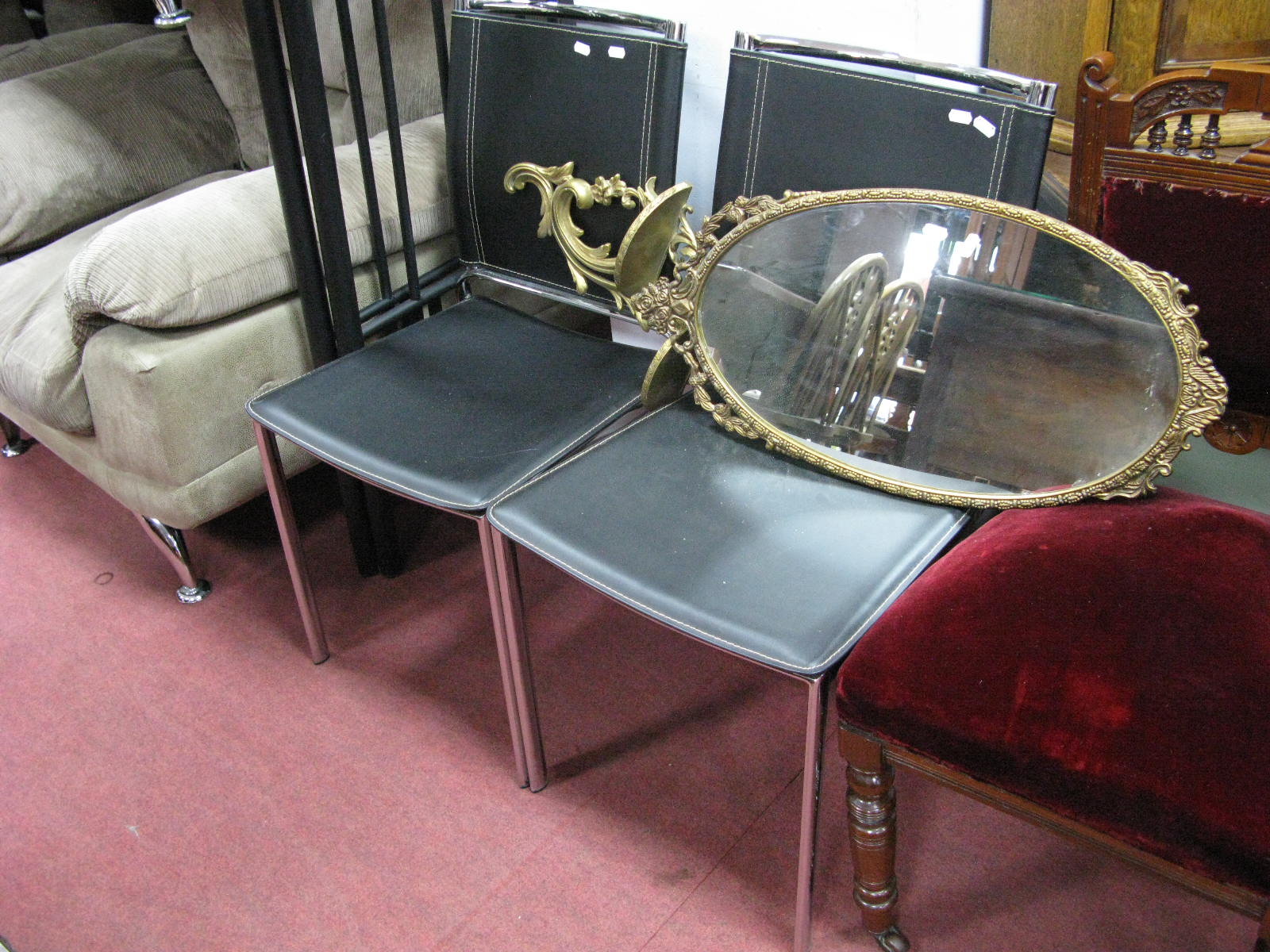 A Pair of Italian Style Chrome Kitchen Chairs; a Victorian style single bed, with finial tops.