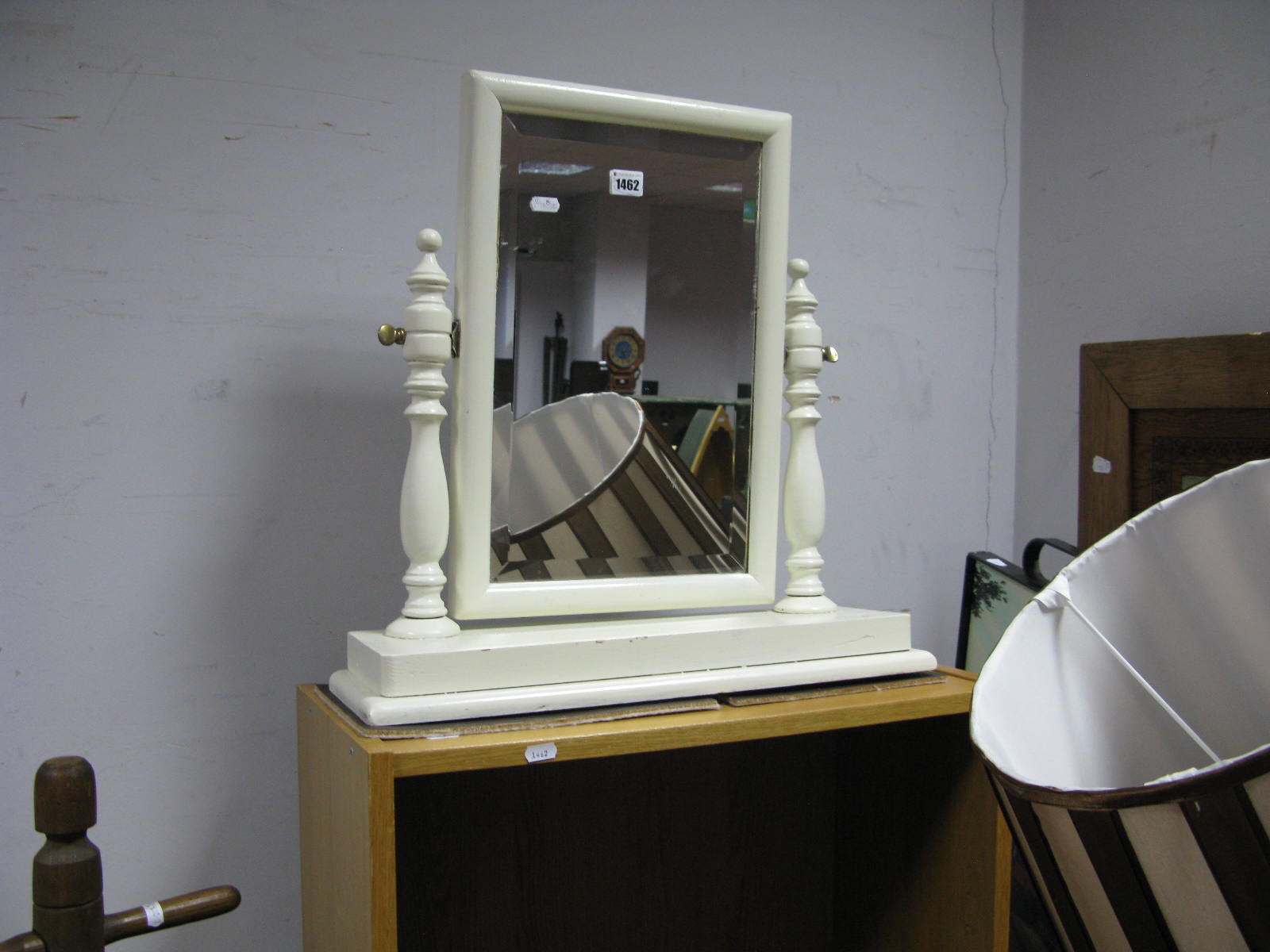 A Bookcase and White Painted Dressing Table Mirror; plus tin trunk. (3)