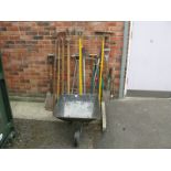 A Wheelbarrow, quantity of garden tools.