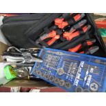 A Tap and Die Set, forge steel screwdriver, Mitutoyo and other measures, plane, etc:- One Box