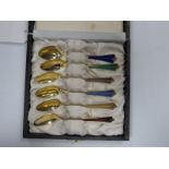 David Anderson; A set of Six Harlequin Enamel Demitasse spoons, gilt, stamped "Sterling".0