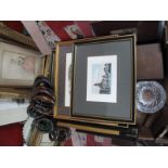 Prints, map, mirror, musical jewel chest, curtain rings, pencil drawing of knitting lady:- One Box