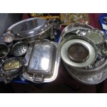 Three Electroplated Tureens, tankard, oval and circular gallery trays, cake stand, chamber stick and
