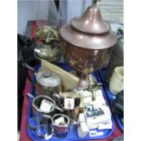 A Copper Tea Urn with Brass tap, finial and twin handles, a brass parafin lamp, three piece