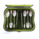 A Set of Six Hallmarked Silver Apostle Spoons, together with matching sugar tongs in original fitted