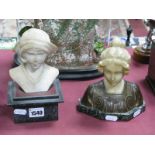 An Alabaster Bust of Maiden circa 1920's, on octagonal marble plinth 17cm high, another similar of a