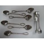 A Decorative Set of Six Coffee Spoons, stamped "830S", together with a pair of similar sugar tongs.
