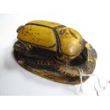 Large Carved Resin Beetle, with birds and hieroglyphics under oval base 12cm x 7.5cm.