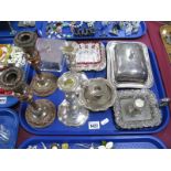 Two Pairs of Plated Candlesticks, Dixon's chamberstick, preserve dish, etc:- One Tray