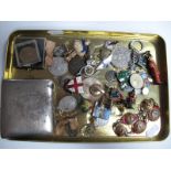 Enamel and Other Badges, coins, cigarette case, Road Army Medical Corps bracelet cufflinks, etc.