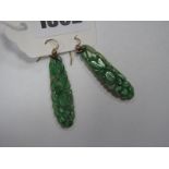 A Pair of Carved Green Hardstone Panel Earrings.
