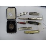 A Collection of Assorted Penknives, including advertising, hallmarked silver and mother of pearl