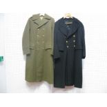 Two Military Overcoats, one khaki with Royal Marine buttons and one Royal Navy blue.