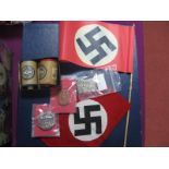 Third Reich Small Swastika Sleeve Armband, two reels of S.S. Cotton and three Third Reich tin