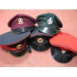 Five ER II Military Caps, all with cap badges, including Royal Green Jackets and Grenadier Guards.