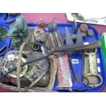 Vintage Sheep Clippers, and wool combs, pitch fork head, cane basket, 'frog' door stop etc:- On
