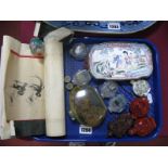 A Collection of Resin and Glass Oriental Themed Scent Bottles, an enamel shallow tray decorated with
