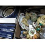 Owl Figures, jardinieres, Coalport and other plates etc:- Two Boxes