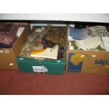 Embroided Sheets, linen, crocheted covers, scarves. gloves, gowns etc:- Three Boxes.