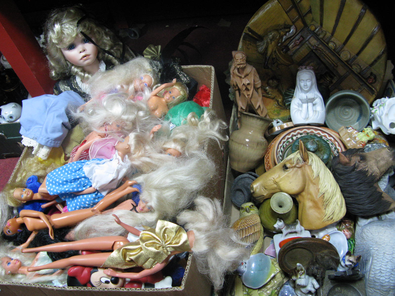 Wall Masks, relief plaster plaques, ashtrays, vases, together with modern porcelain dolls, Ty