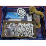 Merrythought Gold Plush Naughty Bear, concealing catapult; Doulton, Albert and Minton stands, Smurfs