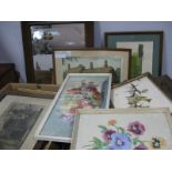 Oil Studies, watercolours, prints, magazine clipping, oak framed mirror, hand coloured etchings,