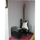 Squier by Fender Strat Guitar. with stand, SP10 amp.