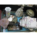 A Chinese Brass Hand Mirror, with bird decoration, Indian brass bowls, tablecloth, coins,